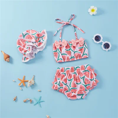 【beautywoo】 Infant Baby Girls Swimsuits 2021 Summer Watermelon Print Kids Bikini Set with Swimming Caps Toddler Beachwear Swimwear 0-24M