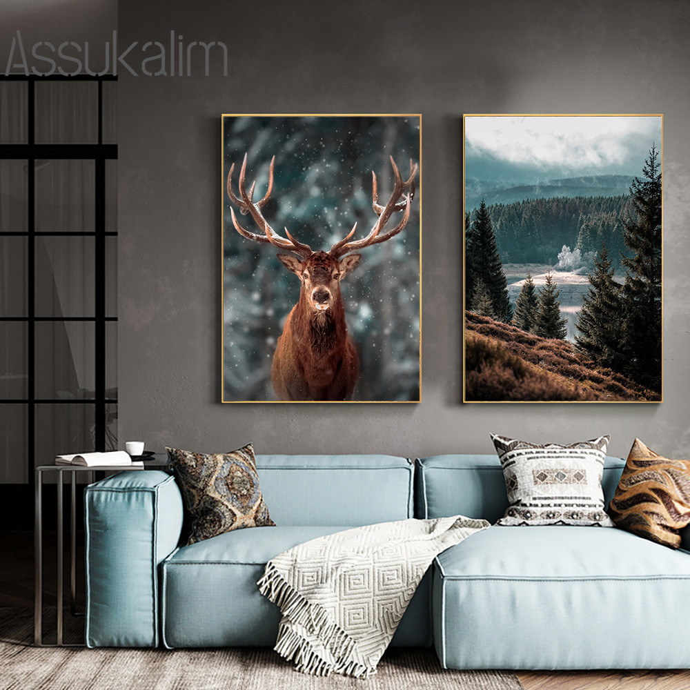 Mountain Forest Canvas Painting Nature Landscape Poster Deer Print Boat ...