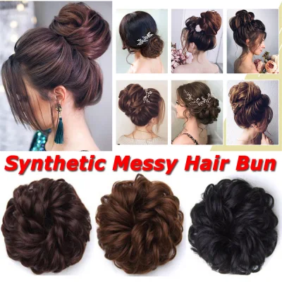 Women Black Hairpieces Curly Fake Hair Drawstring Synthetic hair Elastic Band Curly Chignon Messy Hair Donut Bun