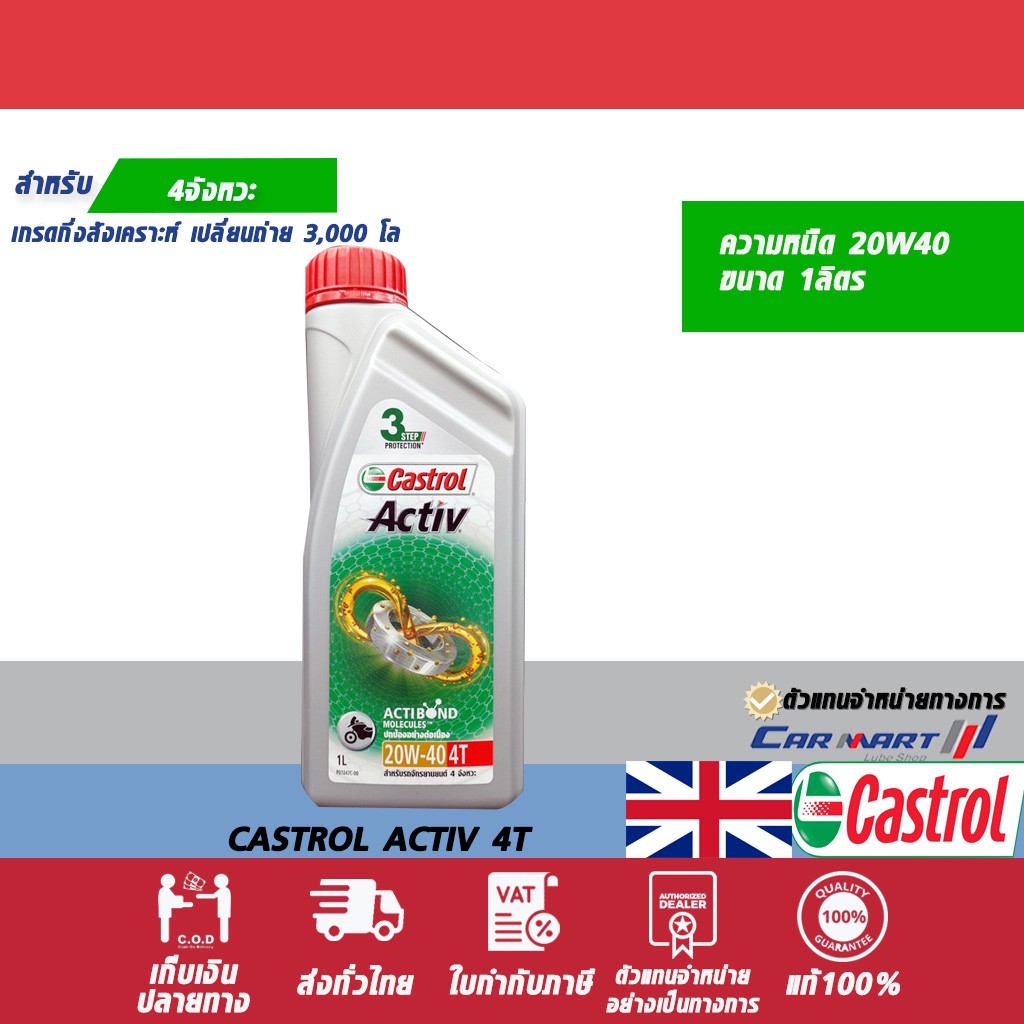 แท้💯 -ถูก- ส่งไว🔥 CASTROL น้ำมันเครื่องมอเตอร์ไซค์ 4 จังหวะ คาสตรอล ACTIV 4T 20w40 1 ลิตร