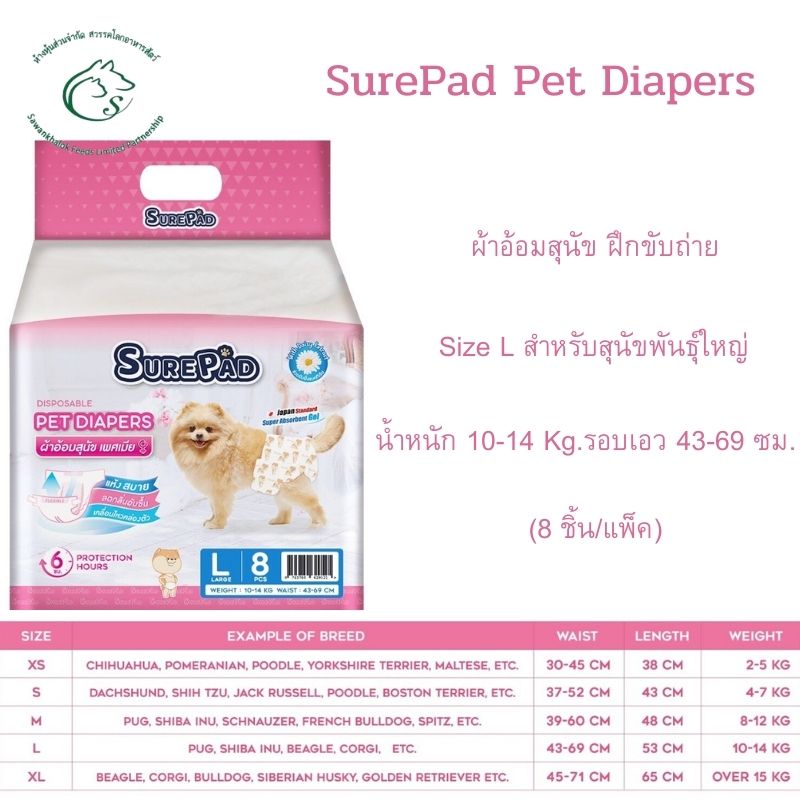 SurePad Pet Diapers ผ้าอ้อมสุนัข ฝึกขับถ่าย Size L สำหรับสุนัขเพศเมีย น้ำหนัก 10-14 Kg. รอบเอว 43-69 ซม. (8 ชิ้น/แพ็ค)
