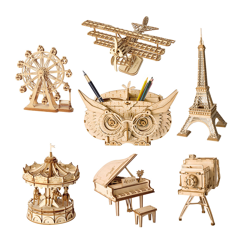 Robotime DIY 3D Wooden Puzzle Toys Assembly Model Toys Plane Merry Go ...