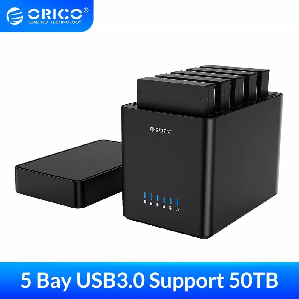 [จัดส่งฟรี]ORICO DS500U3 ซีรีส์ 5 อ่าวแม่เหล็ก 3.5 '' USB3.0 HDD สถานีเชื่อมต่อสนับสนุน 50 ไตรโลไบต์สูงสุด 5Gbps UASP HDD กรณีเครื่องมือฟรี HDD Enclosure 12V LED สีฟ้