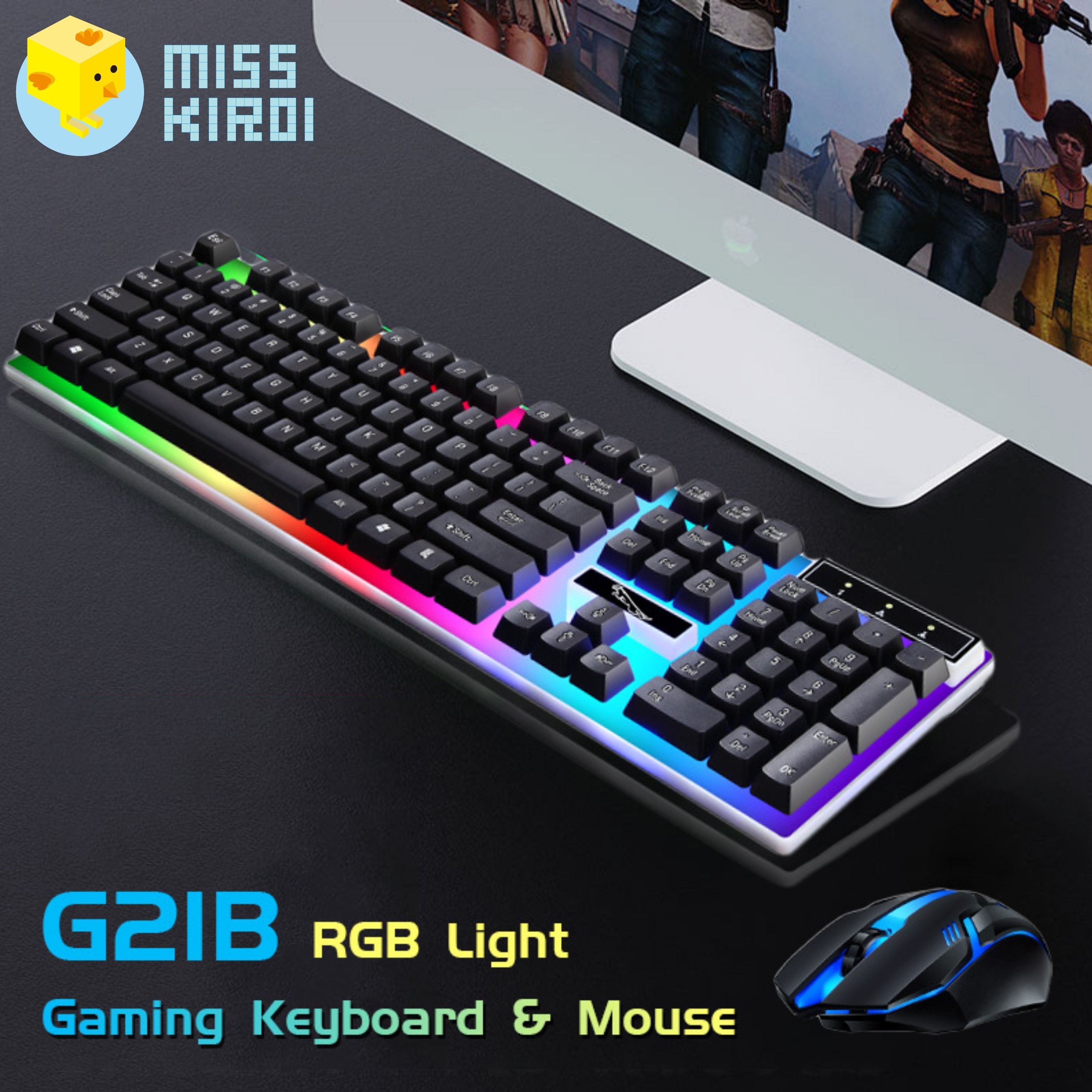 Miss Kiroi G21B Keyboard and Mouse Combo Set English Layout แป้นพิมพ์สำหรับเล่นเกม Office/Gaming Mechanical Feeling 104 Round Key USB Wired RGB LED Backlight