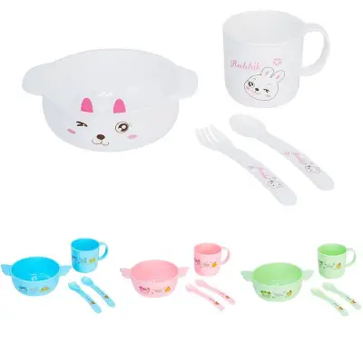 4Pcs/Set Baby Feeding Convenient Baby Feeding Bowl Plate Forks Spoon Cup Dinnerware Set Rabbit Tableware Baby Like