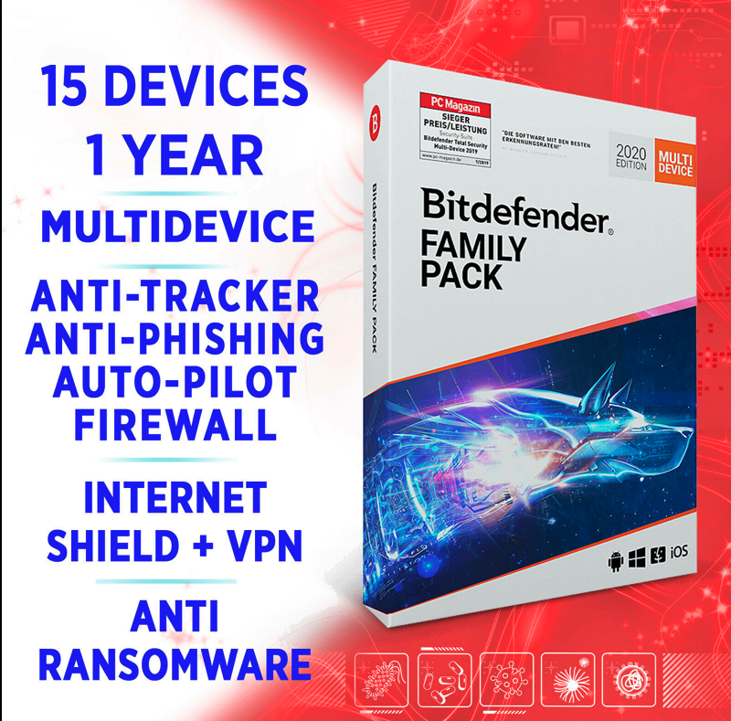 Bitdefender Family Pack MULTIDEVICE 2020 15 devices 1 year FULL EDITION Key +VPN GLOBAL