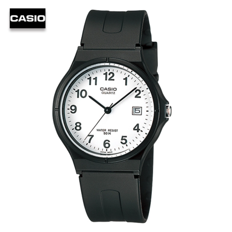 ภาพหน้าปกสินค้าVelashop นาฬิกาข้อมือผู้ชาย Casio สายเรซิ่นสีดำ หน้าปัดขาวเลข รุ่น MW-59-7BVDF, MW-59-7B, MW-59, MW59