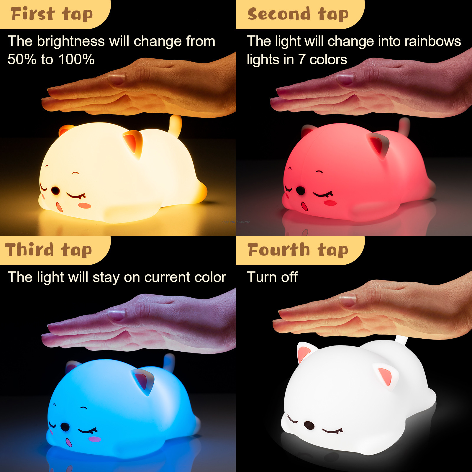 Cat LED Night Light Touch Sensor Remote Control Colorful Silicone USB ...