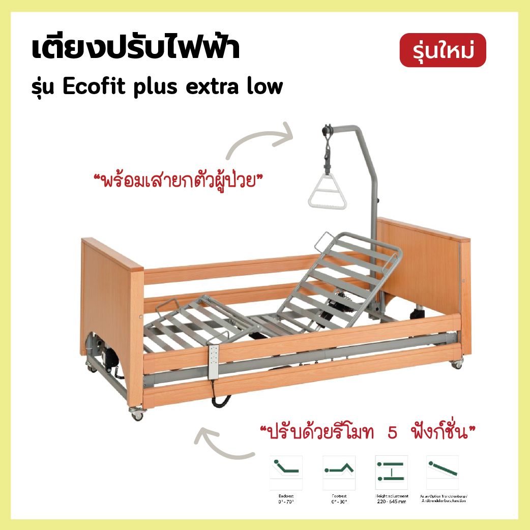 เตียงผู้ป่วย เตียงไฟฟ้า รุ่น Ecofit Plus extra Low สูงจากพื้น 22 ซม., ปรับด้วยไฟฟ้า 5 ไกร์, พับเก็บได้