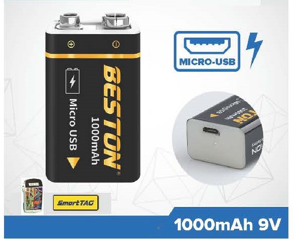 ถ่านชาร์จ BESTON 9V 1000mAh Micro USB Li-ion Battery 1 ก้อน คุณภาพสูง ราคาถูก