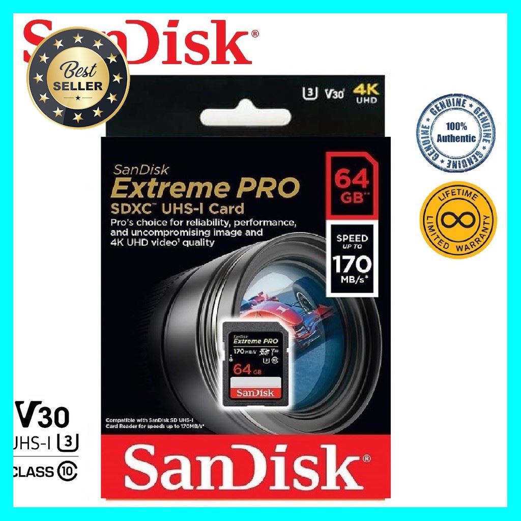 SanDisk 64GB Extreme PRO SDXC R170/W90 เลือก 1 ชิ้น อุปกรณ์ถ่ายภาพ กล้อง Battery ถ่าน Filters สายคล้องกล้อง Flash แบตเตอรี่ ซูม แฟลช ขาตั้ง ปรับแสง เก็บข้อมูล Memory card เลนส์ ฟิลเตอร์ Filters Flash กระเป๋า ฟิล์ม เดินทาง