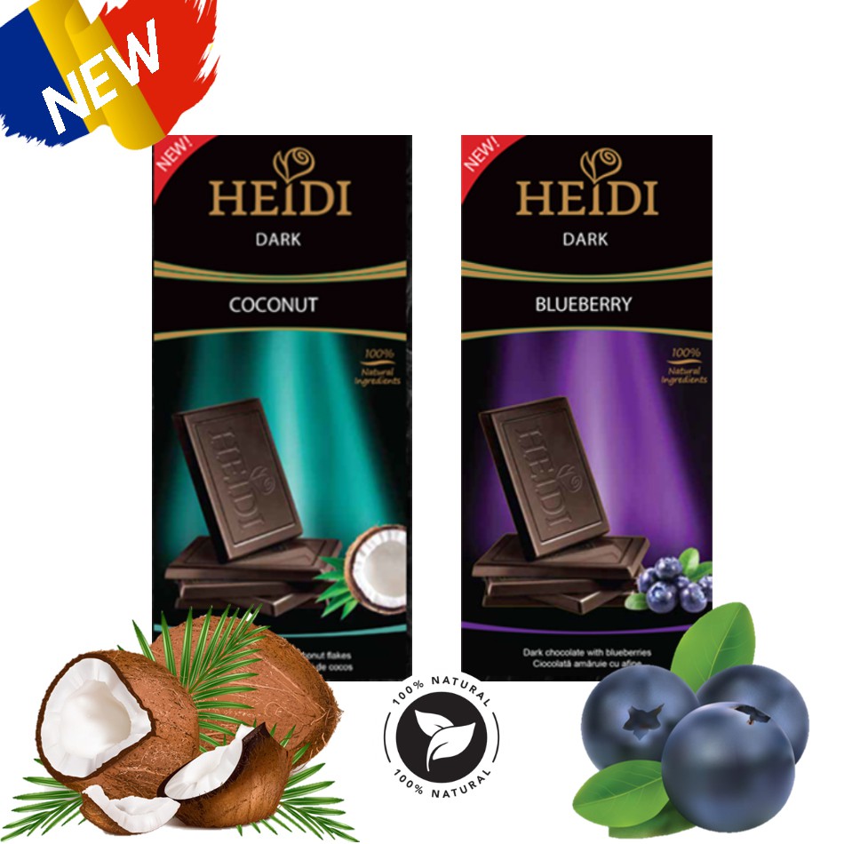 [สินค้าราคาพิเศษ] Heidi Dark Chocolate Coconut&Blueberry ดาร์กช็อคโกแลต ผสมเนื้อเกล็ดมะพร้าวแท้ และเนื้อบลูเบอร์รี่ 80g.