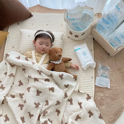 2/3 Layers Baby Muslin Blanket New Bear Print Newborn Swaddle Wrap Bath Towel Stroller Cover Blanket For Kids Toddler Bedding