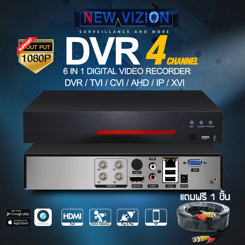5 in 1 DVR 4 ช่อง Digital Video Recorder เครื่องบันทึก CCTV H.264 สำหรับกล้องวงจรปิด 2.4 ล้าน ความคมชัด 1080P รองรับระบบ Analog,TVI, CVI, AHD, IP XVI รองรับ 3G/4G, Air Card และ Wifi Dongle (ดูออนไลน์ผ่านแอพ XVRView) ฟรี+อะแดปเตอร์ ฟรีเม้าส์