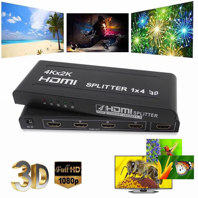 SALE HDMI Splitter Amplifier 4Way 1x4 Hub 1 in 4 out 1080p 4K Ultra HD 3D box Power US Plug #คำค้นหาเพิ่ม USB Lightning to VGA MacBook HDMI Splitter WiFi Display Ethernet Network