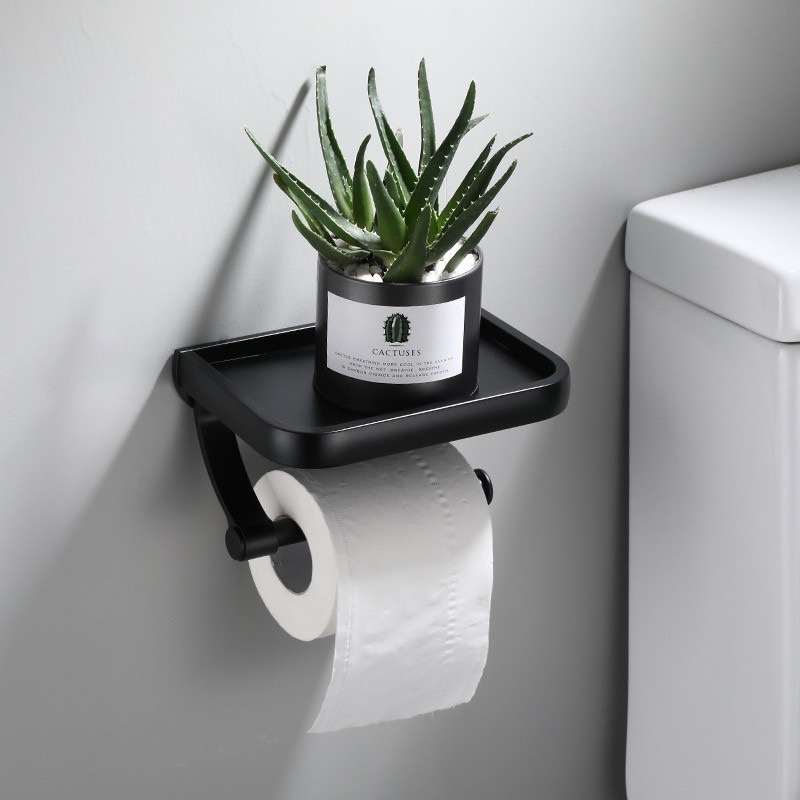 [TI-07G] Toilet Paper Holder ที่แขวนทิชชู่ ติดผนัง วางสิ่งของได้ อลูมิเนียม สีดำ Nordic Style