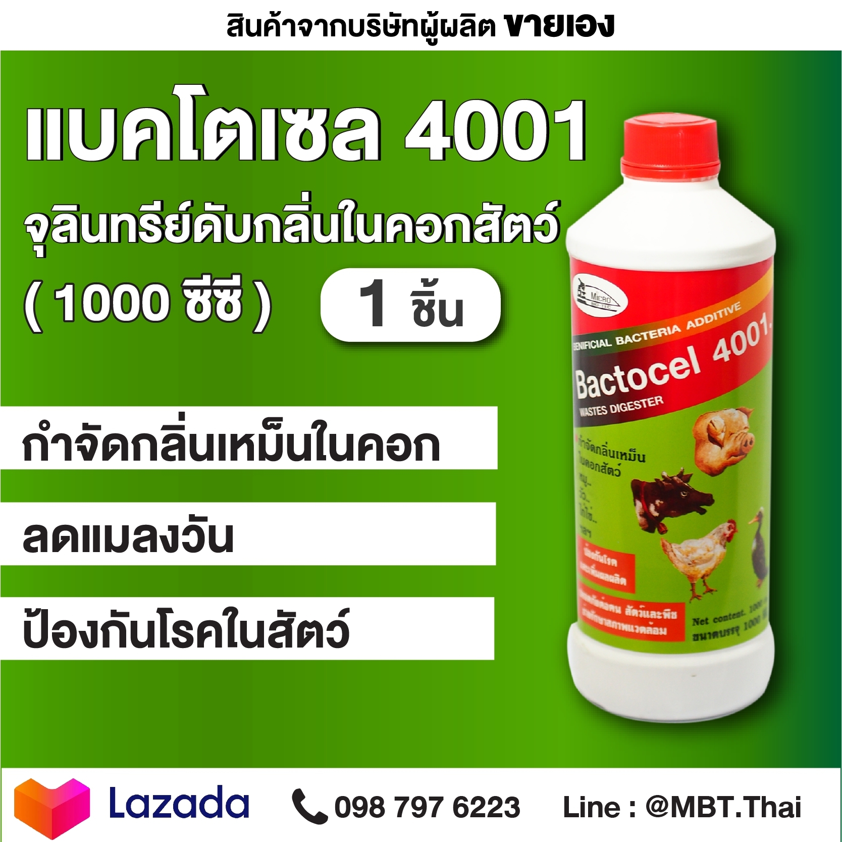 จุลินทรีย์ใช้สำหรับคอกสัตว์ แบคโตเซล 4001 Bactocel 4001 (1000 Ml) ดับกลิ่นเหม็นคอกสัตว์