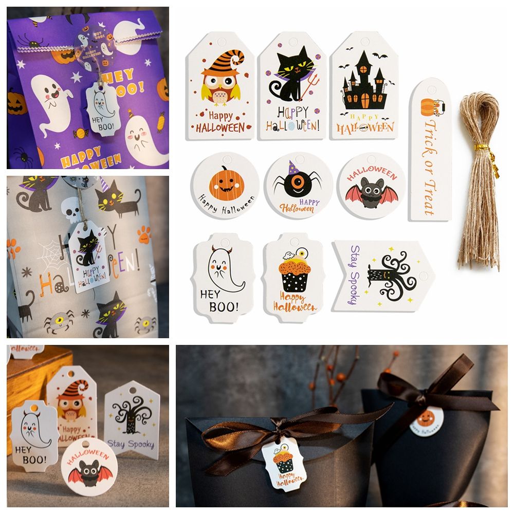 SEHLW953 50PCS Gift Party Supplies บัตรแขวนถุงขนมเครื่องประดับป้ายป้ายฮาโลวีนแขวนหมวดหมู่ฟักทอง Ghost แมวเชือกหนังแกะ