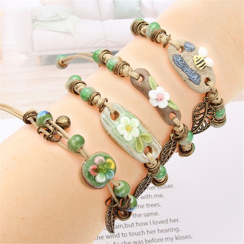 Zhuafengxi Woman Bee Decor Handmade Leaf Ceramic Wristband Retro Flower