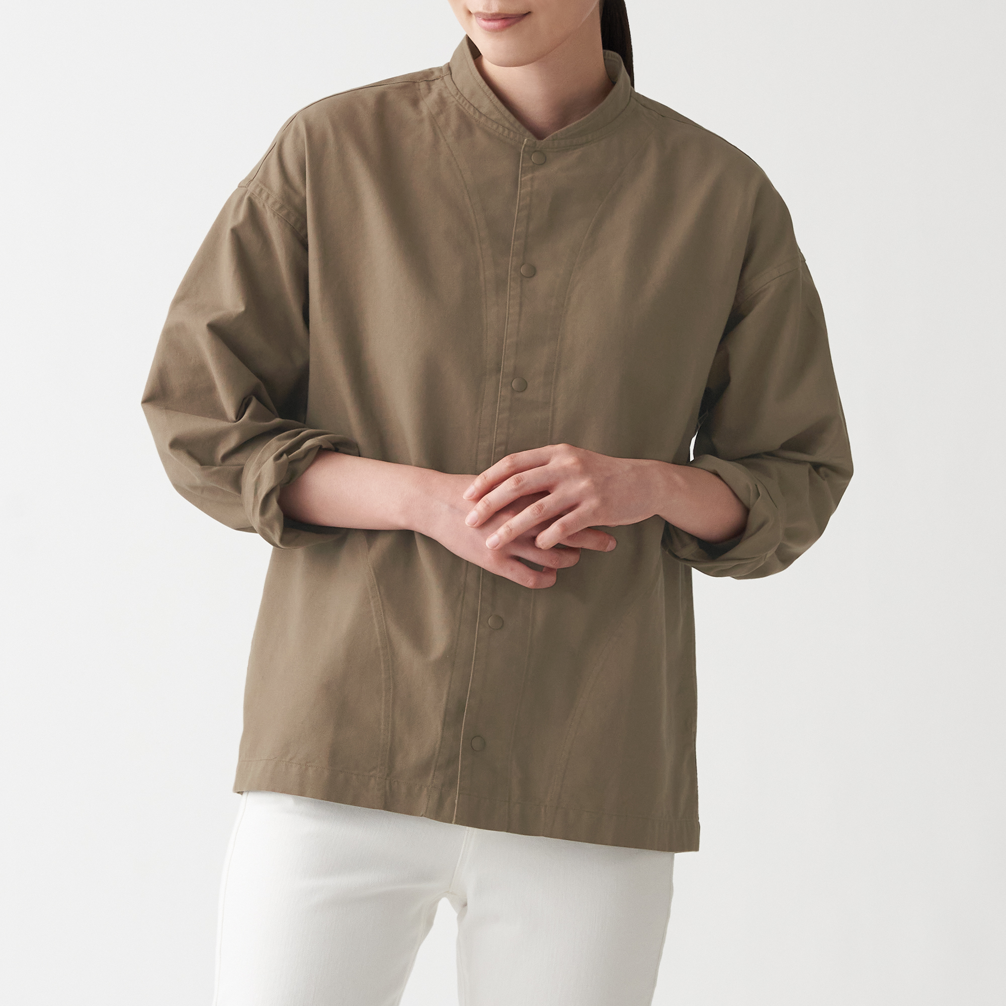 มูจิ เสื้อเชิ้ตผ้าออกซฟอร์ตฟอก ปกตั้ง Unisex - MUJI Washed Oxford Stand Collar Shirt สี น้ำตาลมอคค่า ขนาด L|XL