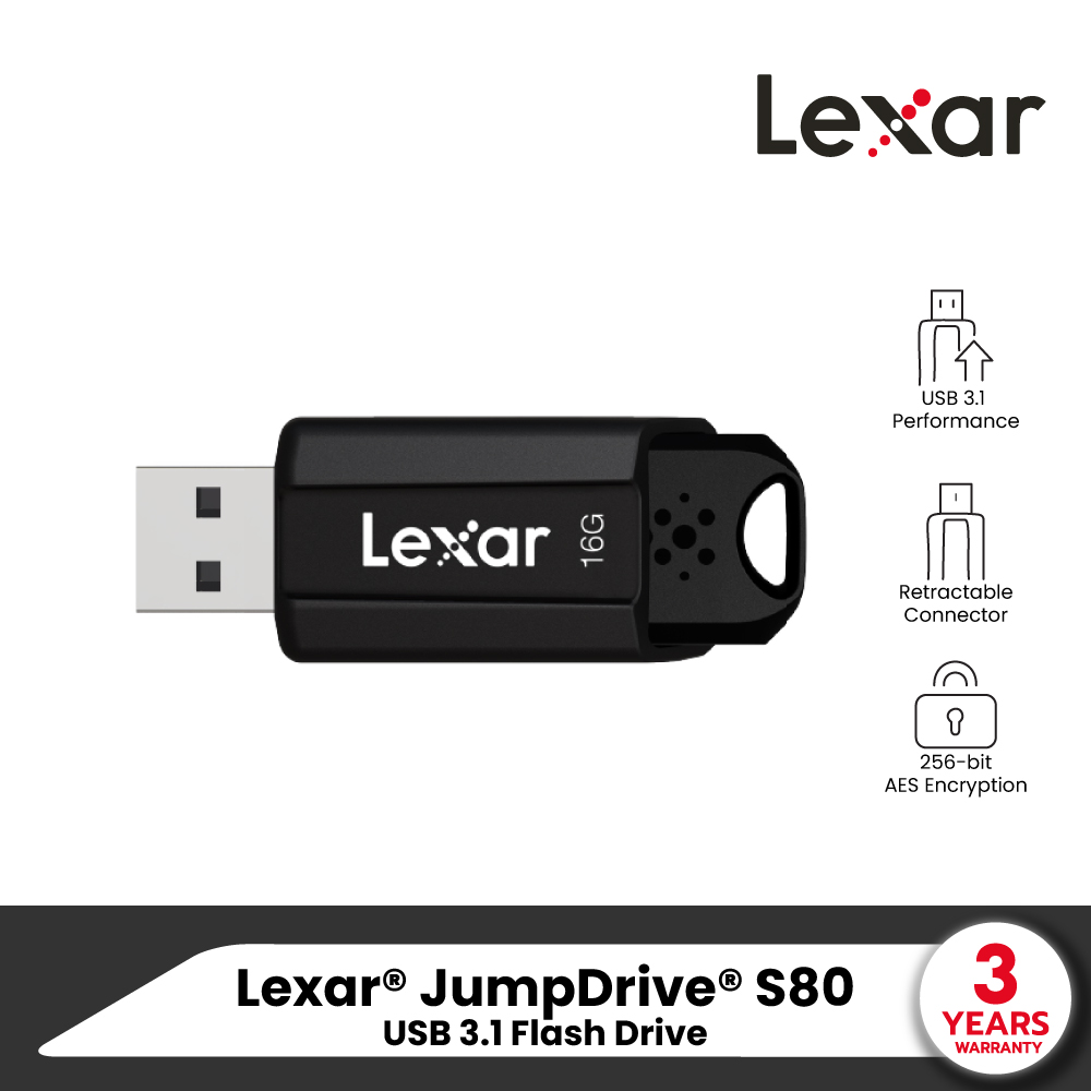 Lexar JumpDrive S80 USB 3.1 Flash Drive, USB 3.0, 2.0 (ยูเอสบี แฟลชไดรฟ์) ราคา 189 บาท*ส่งฟรี