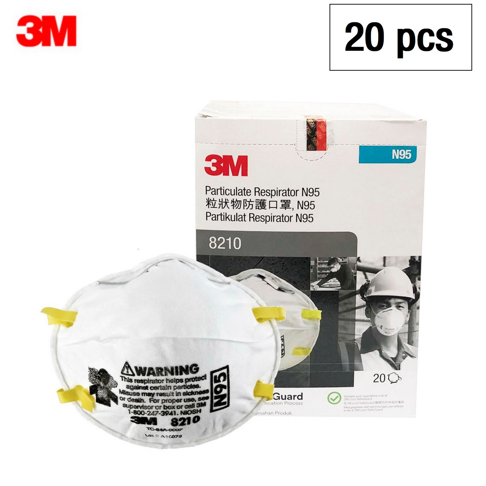 ขาย 3M 8210 (20ชิ้น) 3เอ็ม หน้ากากป้องกันฝุ่น ละออง มาตรฐาน N95 รุ่น 8210 3M Particulate Respirator, 8210 , N95