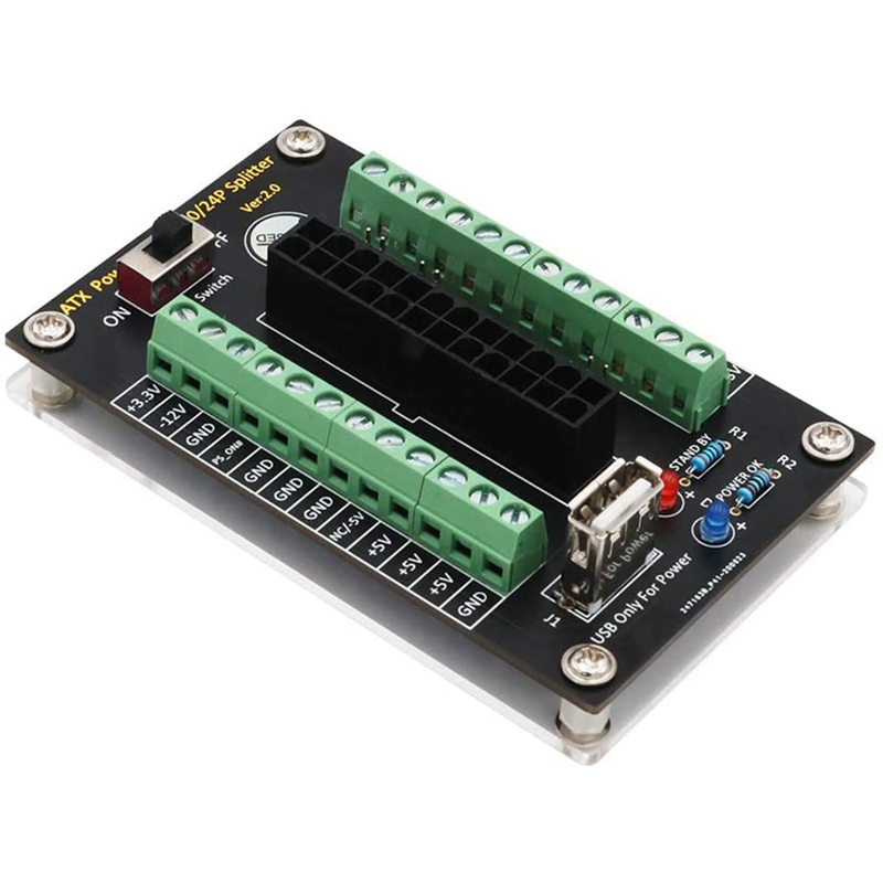ATX 24/20 Pin Power Supply Breakout Board Module with USB 5V Port and Acrylic Base
