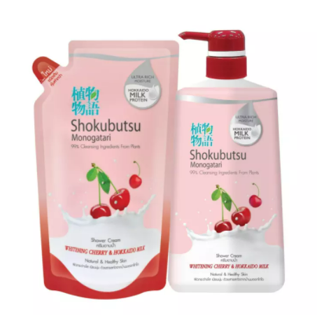 SHOKUBUTSU ครีมอาบน้ำ โชกุบุสซึ โมโนกาตาริ สูตร Whitening Cherry and Hokkaido Milk (แดง) 500 มล (ขวดปั๊ม + ถุงเติม)