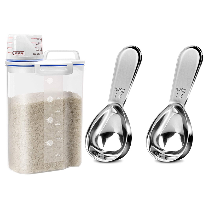 1 Pcs Plastic Small Rice Dispenser with Measuring Cup & 2 Pcs 30Ml Stainless Steel Tablespoon Measuring Spoon