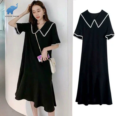 Plus size Maternity skirt dress Loose and thin Mid-length dress Korean summer clothes Fat sister covering belly Doll collar skirt Maternity dress