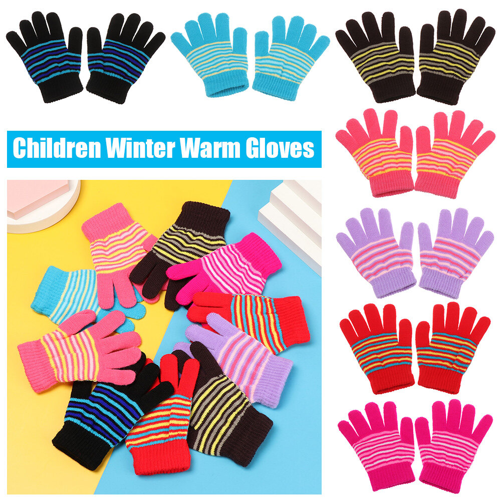 WS89PZJ4 Sports Thicken Keep Warm Girls Boys Baby Finger Gloves Kids Gloves Printed Stripe Cartoon