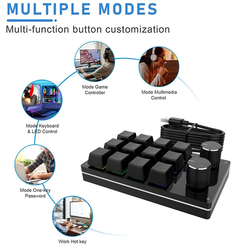 USB Macro Mini Keyboard 12 Keys 2 Knob Programming Keypad Hot-Swap Customization Gaming Mechanical Keyboard