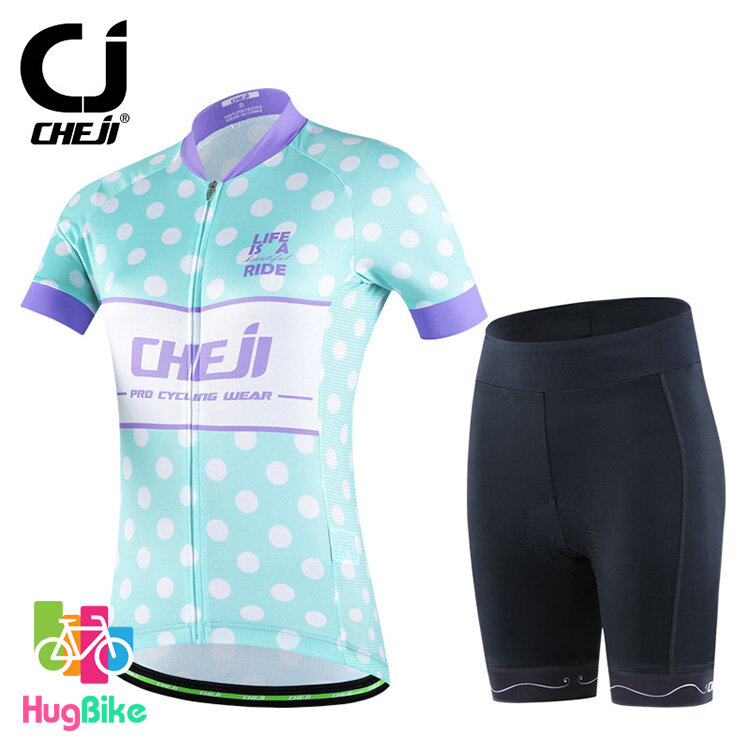 ชุดจักรยานผู้หญิงแขนสั้นขาสั้น CheJi 16 (18) สีเขียวอมฟ้าลายม่วงจุดขาว