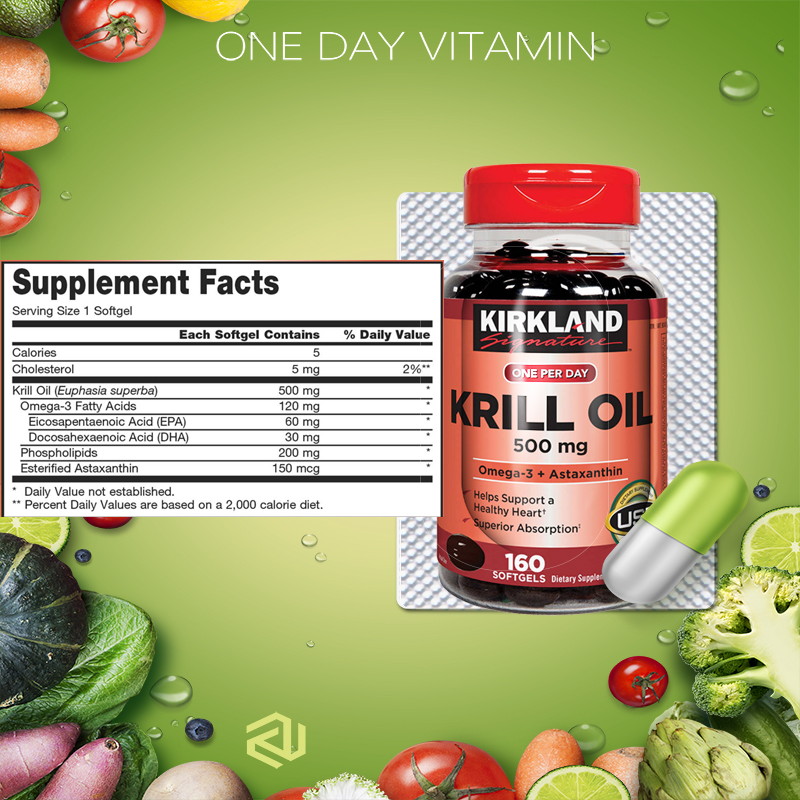 Kirkland Krill Oil Omega 3 + Astaxanthin 500 mg 160 Softgels