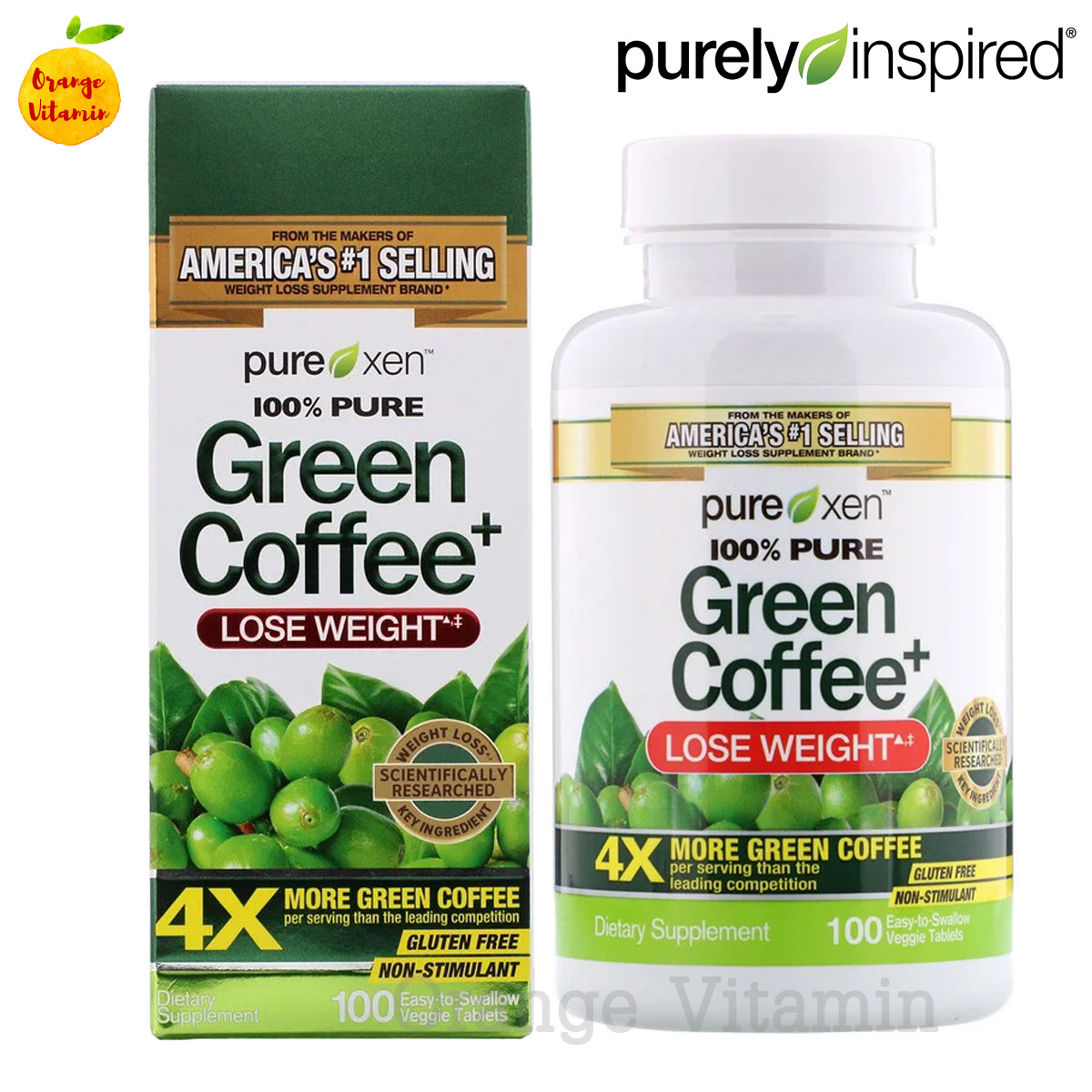 สารสกัดเมล็ดกาแฟเขียว Purely Inspired, Green Coffee+, 100 Easy-to-Swallow Veggie Tablets