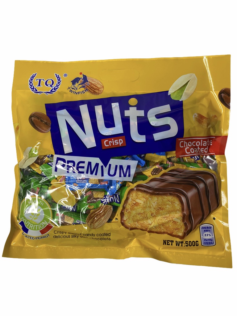 NUT CRISP Premium 500g TWINFISH Peanut candy Chocolate Coated,แพคสีเหลือง 1แพค/บรรจุปริมาณ 500g ราคาพิเศษ สินค้าพร้อมส่ง