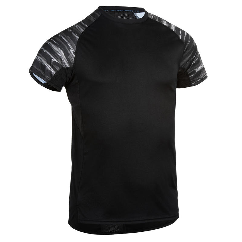 เสื้อยืดสำหรับการออกกำลังกายแบบคาร์ดิโอรุ่น FTS 120 (สีดำ/พิมพ์ลายแขนเสื้อ)รองเท้าและเสื้อผ้าสำหรับผู้ชาย