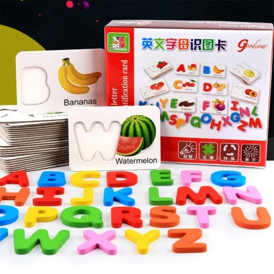 YANYI Wooden Early Education Baby Learning Fruit Vegetable ABC Alphabet Letter Cards Cognitive Educational Toys for Kids