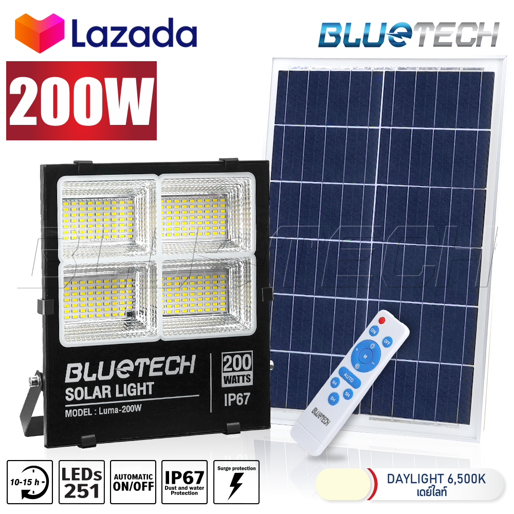 Bluetech USA ไฟโซล่าเซลล์ ขนาด 200วัตต์ สี ขาว (White) / วอร์มไวท์ (Warm White) ไฟสปอร์ตไลท์ Solar Cell LED Floodlight, Spotlight รุ่นใหม่ กันน้ำ IP67 วัตต์เต็ม รับประกัน 1ปี