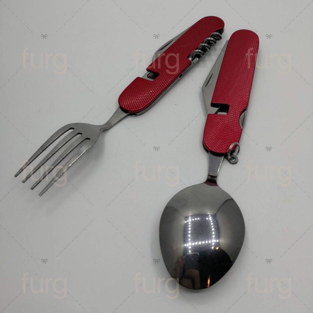 Furg 0010400098 fork and spoon ชุุดอเนกประสงค์ ช้อนส้อมพกพา มีดพับ ที่เปิดขวดเปิดไวน์ สีแดง