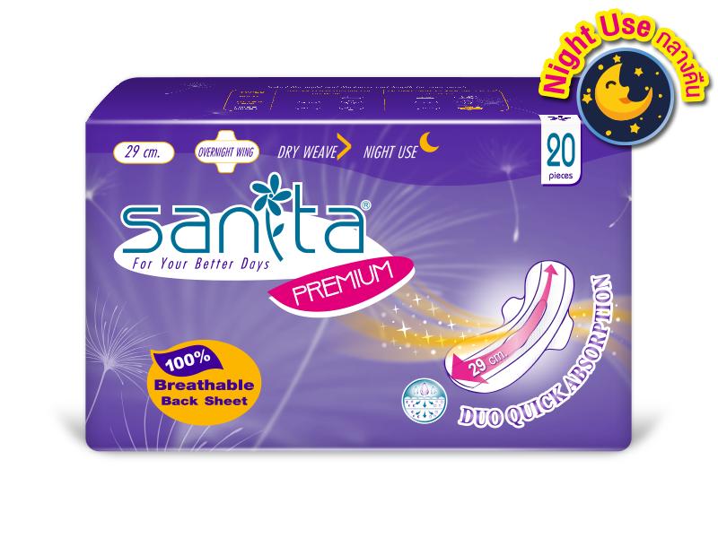 Sanita Premium Overnight Wing Dry Weave / แซนนิต้า พรีเมี่ยม ผ้าอนามัย กลางคืน มีปีก 29ซม. 20ชิ้น/ห่อ