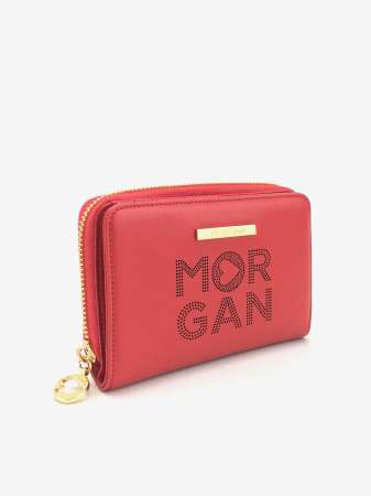 Morgan Bags กระเป๋าสตางค์หนังแท้ กระเป๋าสตางค์ใบสั้นหนังแท้ ดีไซน์ลายฉลุโลโก้มอร์แกน รุ่น Mardi 03 สีแดงสุดแซ่ป