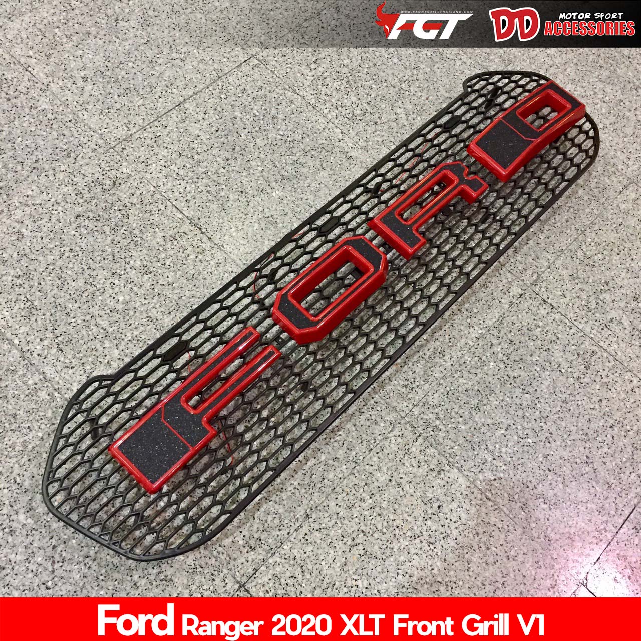 กระจังหน้า Ford ranger xlt 2021 2022  T8 V3 ช่องกลาง สีแดงดำ (สำหรับ Xlt 2021 โฉมใหม่เท่านั้น) มีไฟ LED 3 จุด