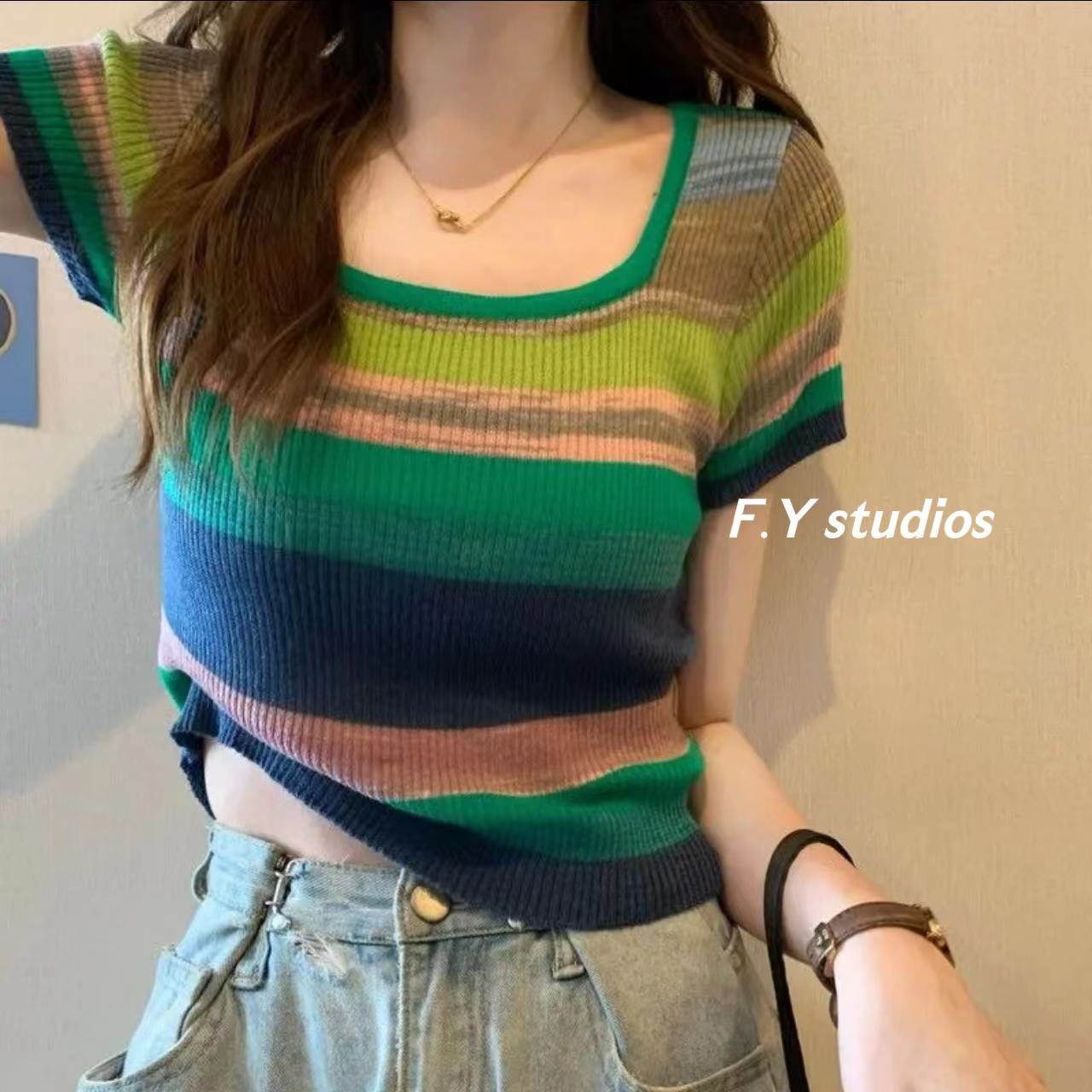 พร้อมส่ง‼️)????NO.196 เสื้อยืดแขนสั้น คอสี่เหลี่ยม