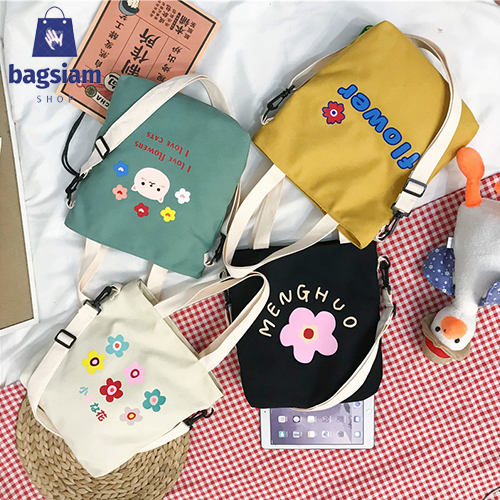 bagsiamshop(BA1276) กระเป๋าผ้าสะพายข้างดอกไม้ ถือได้ สะพายไหล่ กระเป๋าสะพายข้าง กระเป๋าใบเล็ก กระเป๋าผู้หญิง กระเป๋าผู้ช