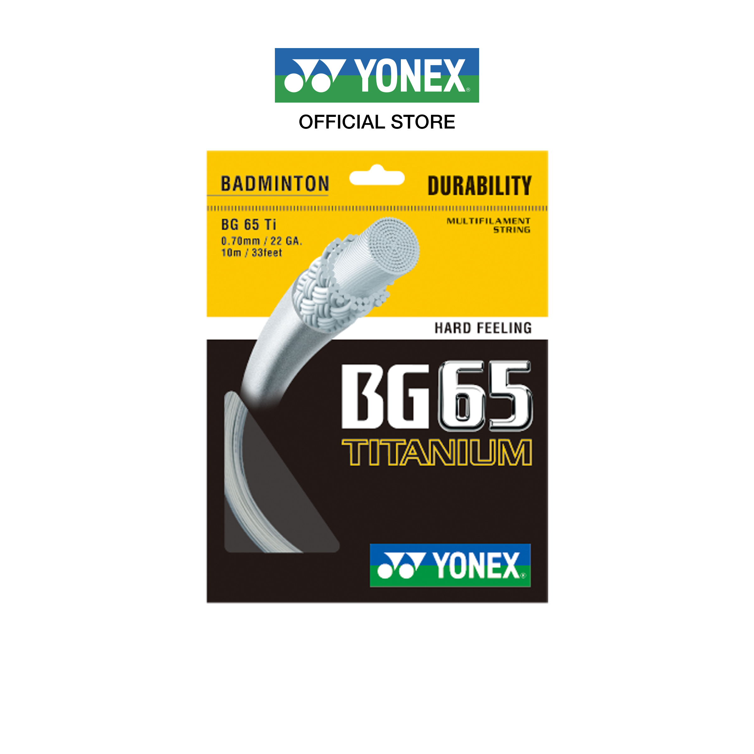 YONEX รุ่น BG65TI เอ็นแบดมินตัน เส้นใยถักพิเศษขนาด 0.70 มม. ผลิตที่ประเทศญี่ป่น เส้นใยถักเคลือบด้วยสาร Titanium Hydride ช่วยเพิ่มความเฉียบคมในการตี