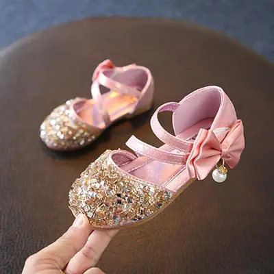 Summer Children Girl Sequins Princess Sandals Pearl Bow Soft-Soled Shoes First Walkers