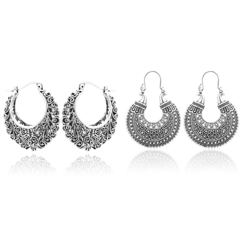 Earrings Ethno Gross Decorated Earrings Bohemian Vintage Tibet Long Hanging Round Hoop Earrings Wide Antique Style Silver Ornaments Hoops Intertwined & Big Round Ornaments Leaves