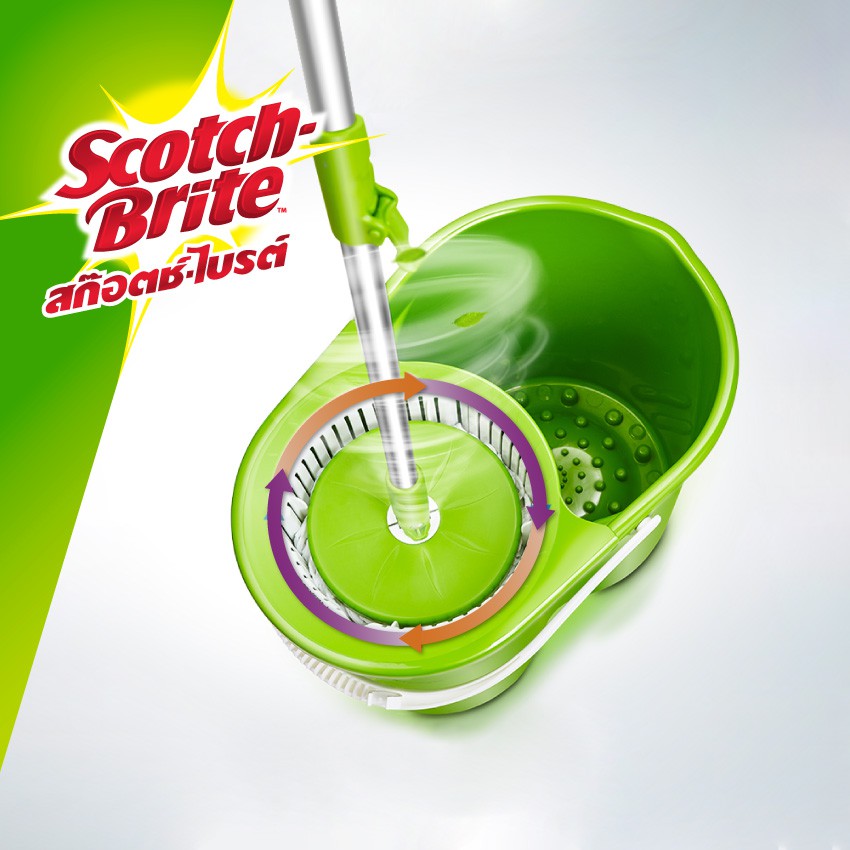 สก๊อตช์-ไบรต์® ชุดไม้ถูพื้นไมโครไฟเบอร์ ทูอิน วัน Scotch-Brite® Microfiber Mop With Spin Bucket 2 In 1