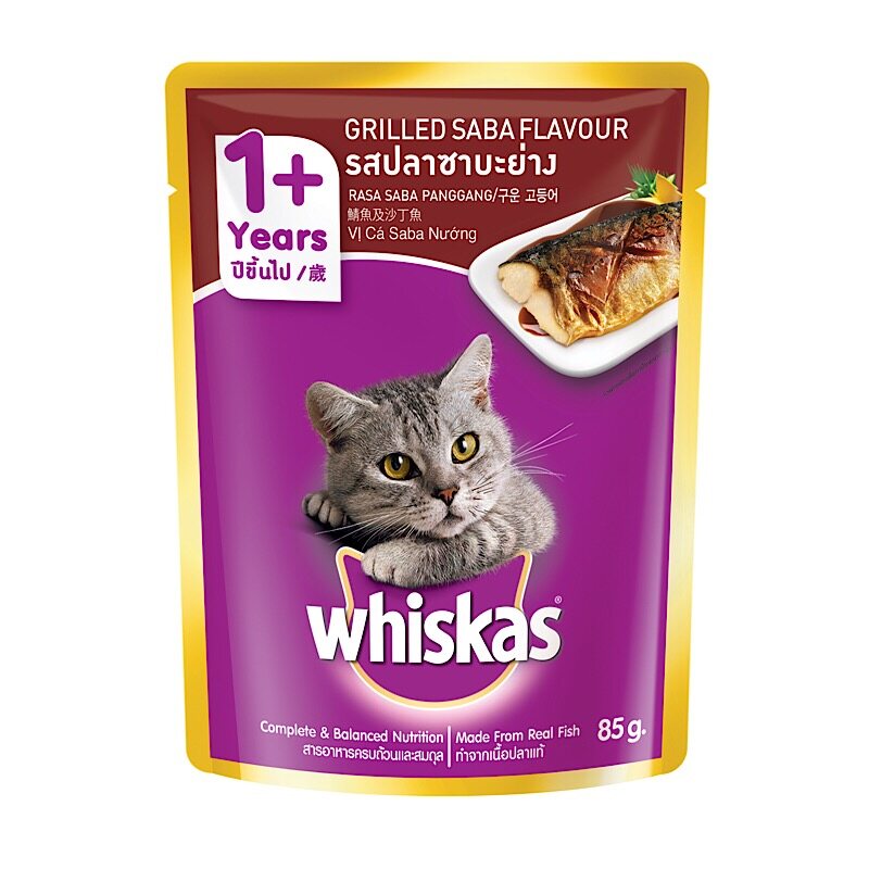 วิสกัสเพาซ์ อาหารแมว รสปลาซาบะย่าง 85 กรัม  (12 ถุง)/Whiskas Power Cat Food, Grilled Saba Flavor 85 grams (12 bags)